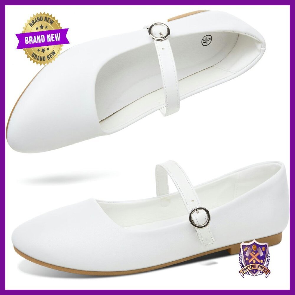 Women's PU Leather Ballet Flats with Adjustable Buckle Strap, Size Available
